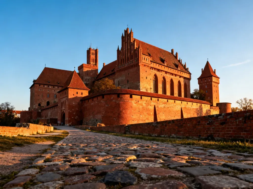 Majestatyczny Zamek w Malborku o zachodzie słońca. Kamienna ścieżka prowadzi w stronę monumentalnych ceglanych murów.