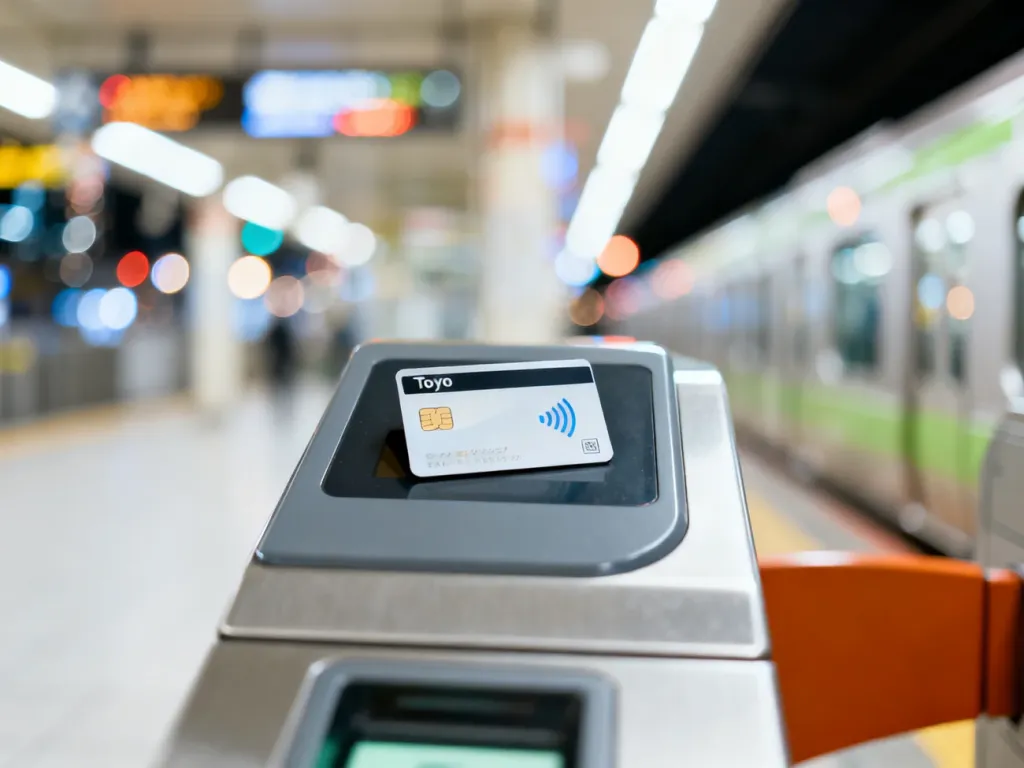 Zbliżenie na kartę zbliżeniową przyłożoną do czytnika bramek w metrze w Tokio na tle rozmytej stacji.