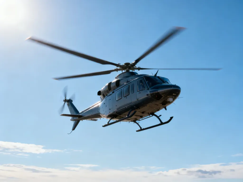 Nowoczesny helikopter w locie na tle bezchmurnego nieba, ukazujący dynamikę pracy wirnika.