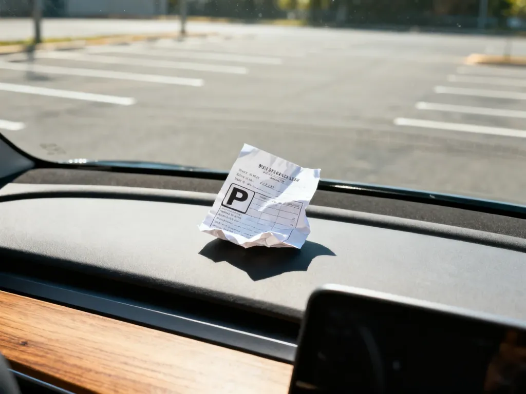 Pognieciony bilet parkingowy leżący na desce rozdzielczej samochodu, symbolizujący problem z opłatą za postój.