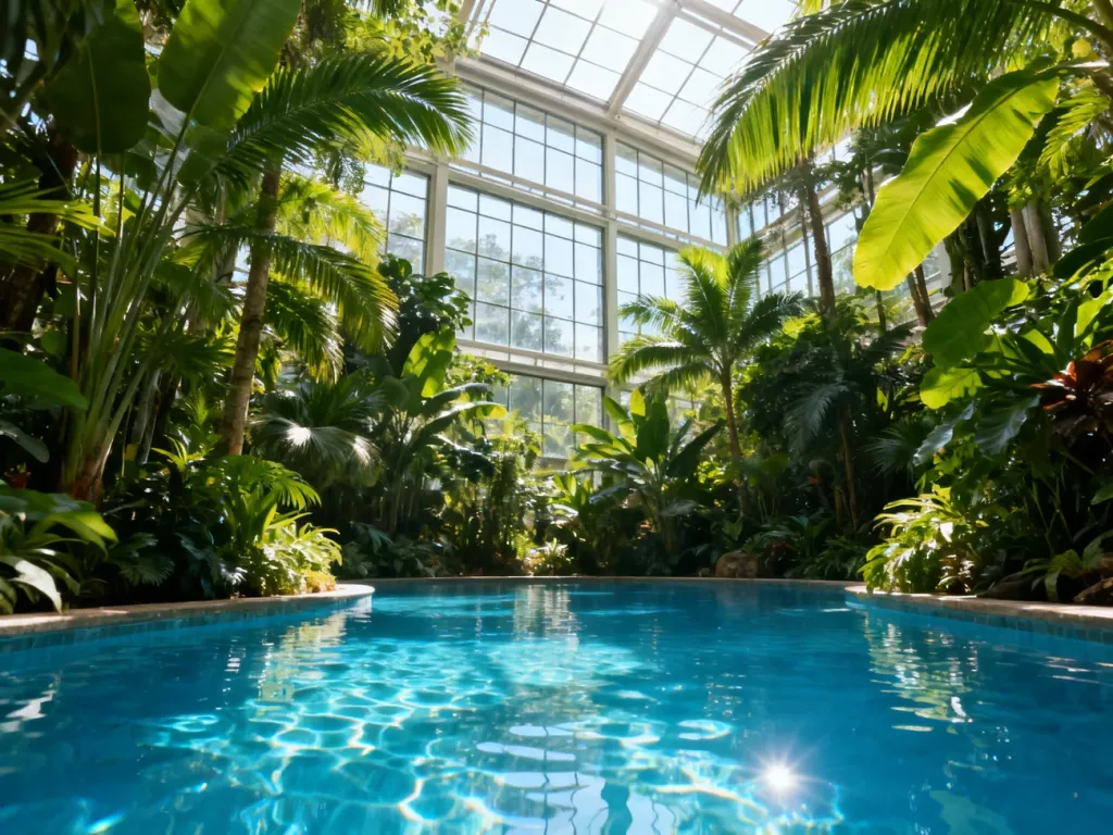 Lush, tropicalna roślinność wewnątrz Orientarium w Łodzi z przejrzystym basenem i przeszkloną architekturą w tle.